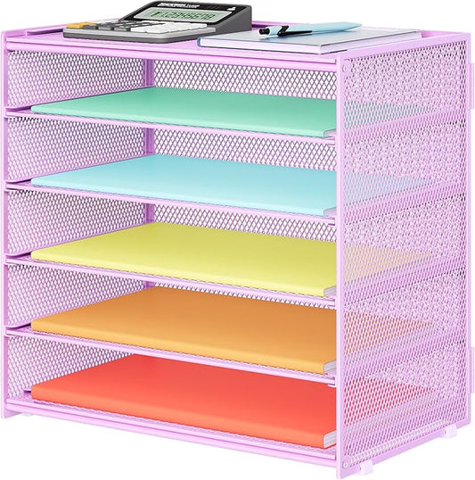 6 Tier Paper Organizer, Metal Mesh Desk File Organizer, Letter Tray Organizer, Paper Sorter Desk Organizer for Office, Home or School File Folder Holder - Purple