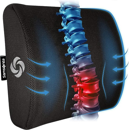 SAMSONITE Lumbar Support Pillow For Office Chair and Car Seat, Perfectly Balanced Memory Foam , Versatile Use Lower Back Cushion