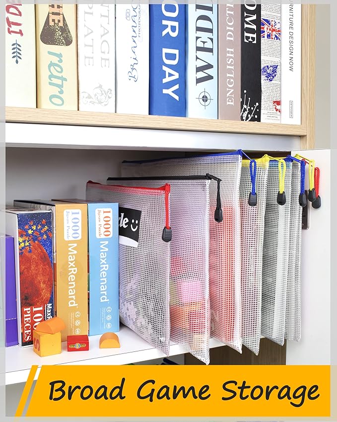 SUNEE Plastic Mesh Zipper Pouch 9x13 in (6 Colors, 12 Packs),Extra Large Water-Resistant Zip Bag for School Office Supplies, Puzzles & Games Organizing Storage