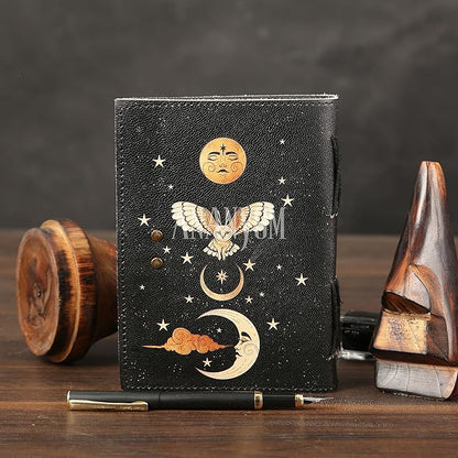 Handmade Leather Journal, Black, Sun & Moon Design, 7 x 5 Inch, 200 Unruled Pages, Hand Embossed, White Paper, Brass Clasp Lock, Vintage Notebook Diary, Sketchbook for Artists & Writers