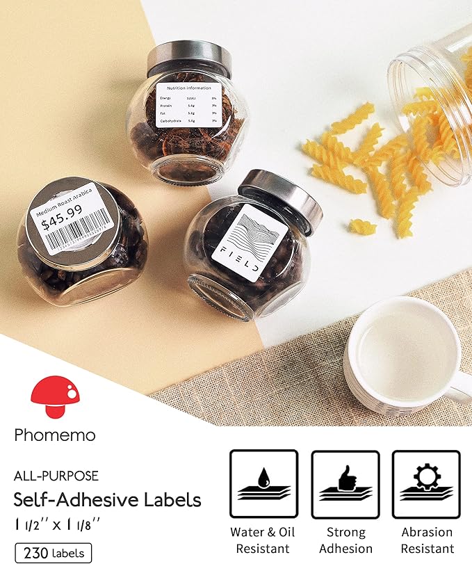 Phomemo [3x230 pcs] Labels Square Series, 1.57''x1.18'' (40x30mm) M110 M100 M220 M221 Labels, White, 230 Labels/Roll, 3 Rolls, All-Purpose Adhesive Thermal Phomemo Original, Compatible with Ponek