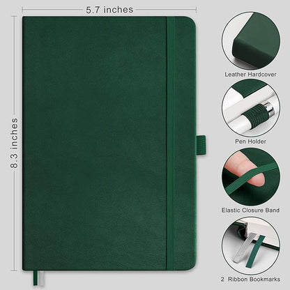 RETTACY Bullet Dotted Journal, A5 Dotted Notebook Journal with 192 Pages, 5.7'' × 8.3'', Medium Size, 100 GSM Thick Paper, Leather Hardcover, Bullet Journaling, Planning (Dark Green)