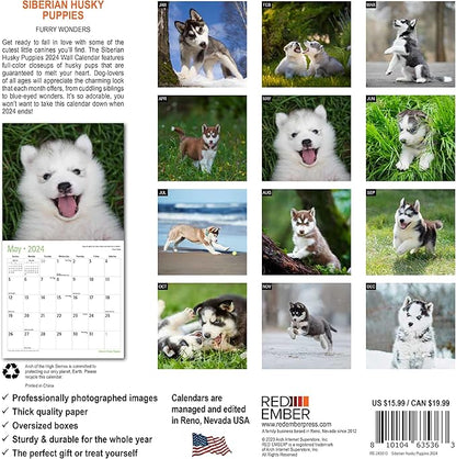 RED EMBER Siberian Husky Puppies 2024 Wall Calendar 12 Month | 12" x 24" Open | Thick & Sturdy Paper | Giftable | Calendar 2024