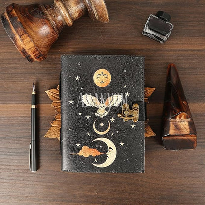 Handmade Leather Journal, Black, Sun & Moon Design, 7 x 5 Inch, 200 Unruled Pages, Hand Embossed, White Paper, Brass Clasp Lock, Vintage Notebook Diary, Sketchbook for Artists & Writers