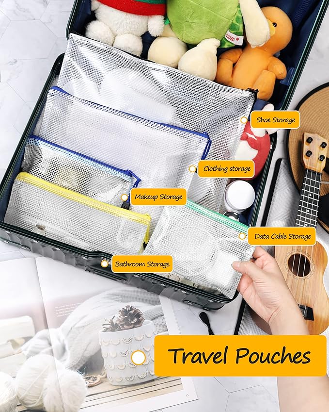 SUNEE Plastic Mesh Zipper Pouch 4x9 in (6 Colors, 12 Packs), Small Water-Resistant Zip Bag for School Office Supplies, Pencil Organizing Storage