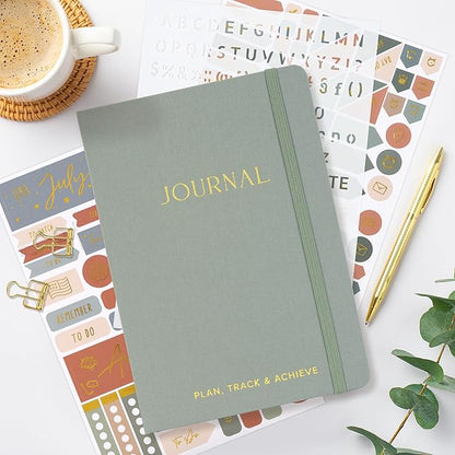 ZICOTO Ultimate All-in-One Journaling Kit - Incl. Journal Notebook With Linen Hardcover and Dotted Pages, Stencils, Stickers, Washi Tapes, Paper Clips and More Bullet Checklist Supplies