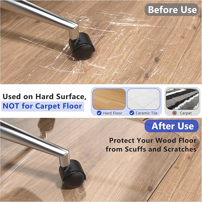 BesWin Office Chair Mat for Hardwood Floor, 59"×47" Large Desk Chair Mat for Rolling Chairs, 2mm Heavy Duty Floor Protector Mat for Home Office, Easy Glide, Flat Without Curling