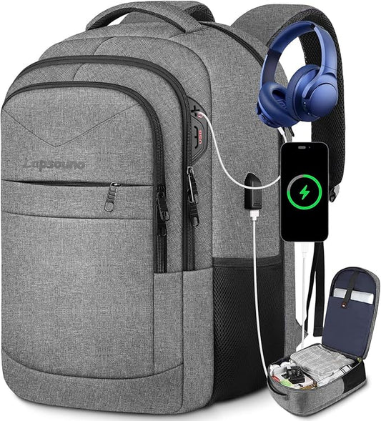 Lapsouno Extra Large Laptop Backpack, Travel Backpack, 17 Inch Carry on Backpack, Anti-Theft College School Computer Backpack with USB Port, Gift for Men Women,Grey