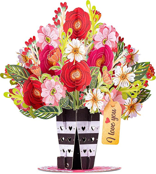 Paper Love HugePop 3D Lovely Flower Vase Pop Up Card, with Detachable Paper Flower Bouquet, For Birthday, All Occasions - Jumbo 10" x 14" Cards - Envelope and Note Tag