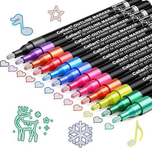 Caliart Easter Basket Stuffers, 12-Color Shimmer Double-Line Drawing Doodle Outline Markers, Teen Girl Gifts Trendy Stuff, Glitter Pens Set Classroom Art Supplies for 4-6-8-10-12 Year Old