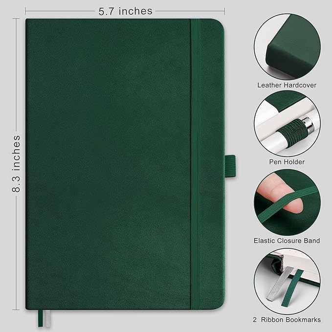 RETTACY Journaling Notebooks, A5 Lined Journal Notebook with 192 Numbered Pages, 5.7'' × 8.3'' Medium Size, for Writing, Work, Office, Leather Hardcover, 100 GSM Thick Paper (Dark Green)