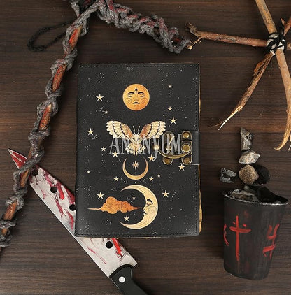 Handmade Leather Journal, Black, Sun & Moon Design, 8 x 6 Inch, 200 Unruled Pages, Hand Embossed, Deckle Edge Paper, Brass Clasp Lock, Vintage Notebook Diary, Sketchbook for Artists & Writers