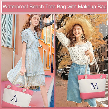 YOOLIFE Christmas Gifts for Women - Initial Canvas Tote Bag & Makeup Bag, Birthday Gifts for Women Mom Teacher Friend Sister