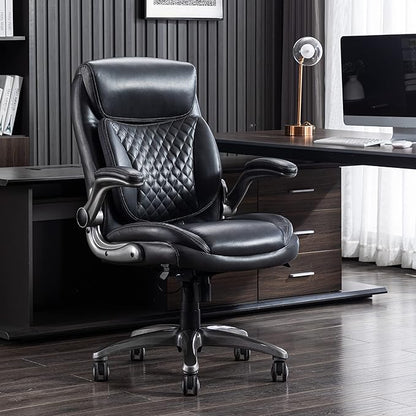 Amazon Basics Ergonomic Desk Office Chair, Flip-up Armrests, Adjustable Height, Grey Leather