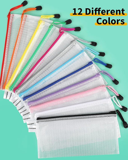 Smarpau 60 Pcs Pencil Pouch, 12 Colors 9.3" x 4.7" Small Mesh Zipper Pouches Clear Pencil Case, Waterproof Zipper Pencil Bags for Organizing Travel, Office Storage