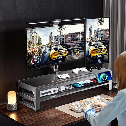 2-Tier Metal Computer monitor stand Laptop Desk Shelf & Monitor Riser ，27.55 inches long desk riser ,22W charging power, 2 USB 3.0 ports, and 1 USB 2.0 port Monitors/PC/Laptop/Computer Space Saver Organizer(USB Hub Fast Charging Version, Two-layer 700mm)