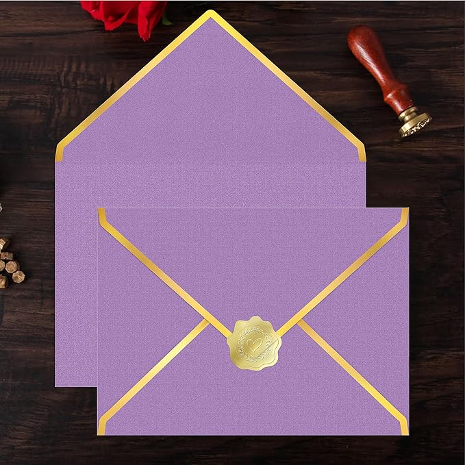 60 Pack Gold Envelopes 5x7 Bulk Purple, 250G Pearled Cardstock A7 Envelopes for Invitations Business Mailing Envelope with Gold Foil Border, A6 4x6 Envelopes for Wedding Baby Shower Cards